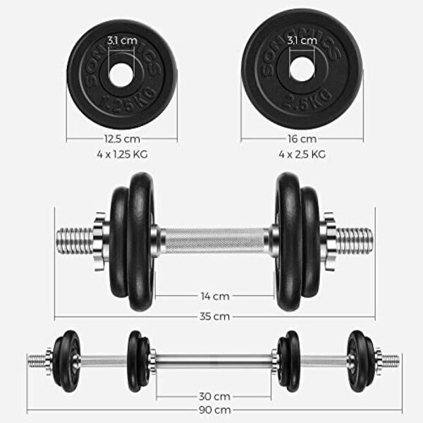 2-in-1 hantelių rinkinys, 2x10 kg reguliuojami svoriai, su papildoma štanga, 35x16x16 cm