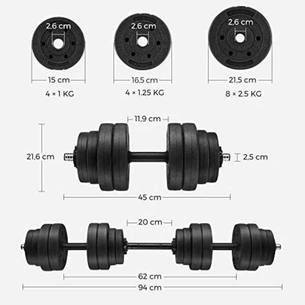 2-in-1 hantelių rinkinys, 2x15kg su papildoma štanga, 50x21,5x21,5 cm