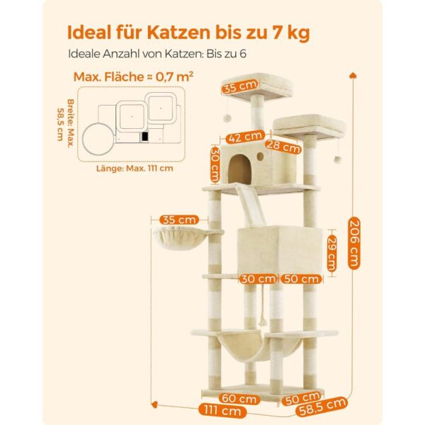 Didelė draskyklė katėms su 13 draskymo stulpų, 2 platformomis, 2 urvais, 60x50x206 cm