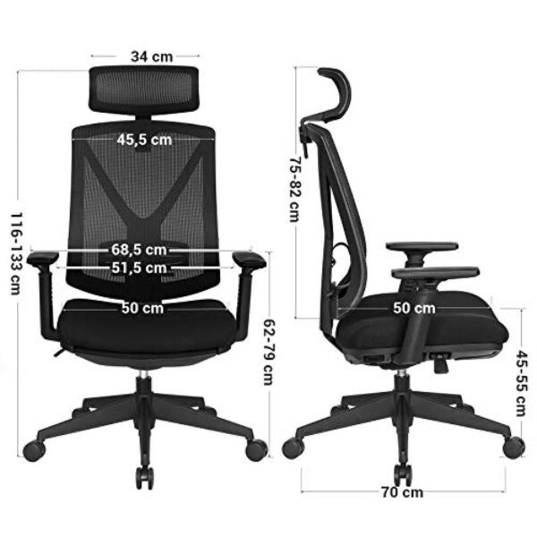 Ergonomiška biuro kėdė su pakoja, reguliuojama galvos ir rankų atrama, 68.5x70x(116-133) cm