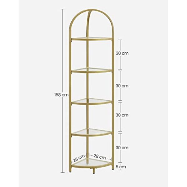 Kampinė lentyna su plieniniu rėmu, 5 aukštų, grūdinto stiklo lentynos, 29.5x29.5x163.2 cm