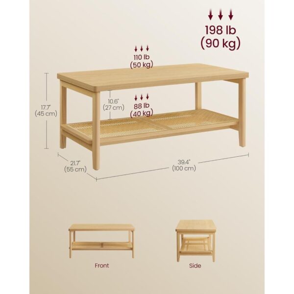 Kavos staliukas su PVC rotango lentyna, 2 aukštų, užapvalinti kampai, 100x55x45 cm