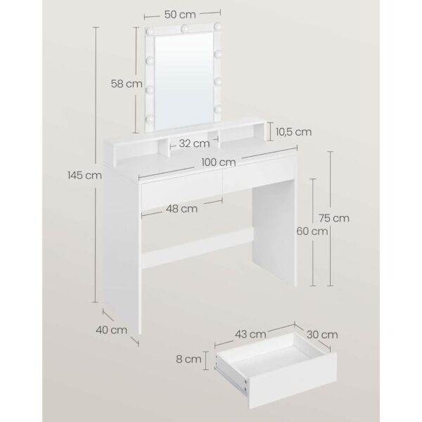 Kosmetinis staliukas su LED apšvietimu, veidrodžiu, 2 stalčiais ir 3 skyreliais, 100x40x145 cm