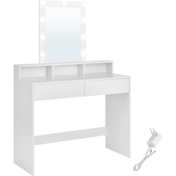 Kosmetinis staliukas su LED apšvietimu, veidrodžiu, 2 stalčiais ir 3 skyreliais, 100x40x145 cm