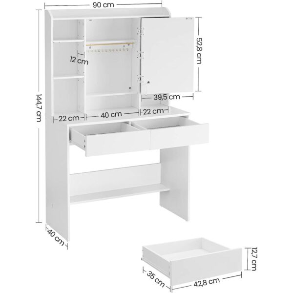 Kosmetinis staliukas su LED apšvietimu, veidrodžiu ir 2 stalčiais, 90x40x144,7 cm