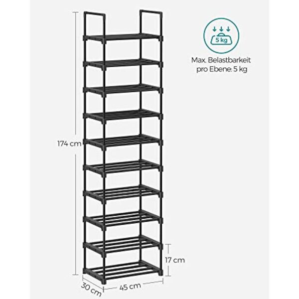 Metalinė batų lentyna, 10 aukštų, pritaikomas dizainas, 45x30x174 cm