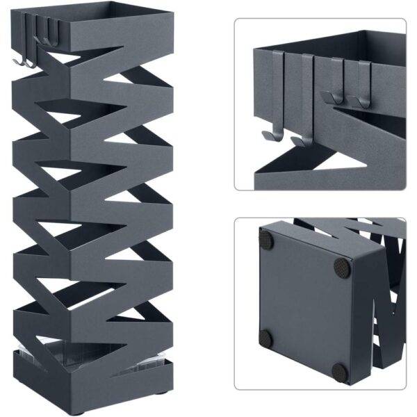 Metalinis skėčių stovas su 4 kabliukais ir nuimamu lašėjimo padėklu, 15.5x15.5x49 cm