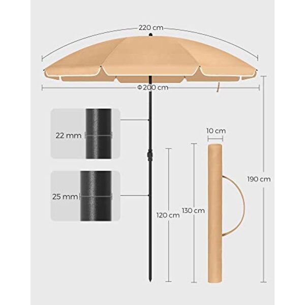 Paplūdimio skėtis su UPF 50+ apsauga, nešiojamas, su pasvirimo mechanizmu, 200x230 cm