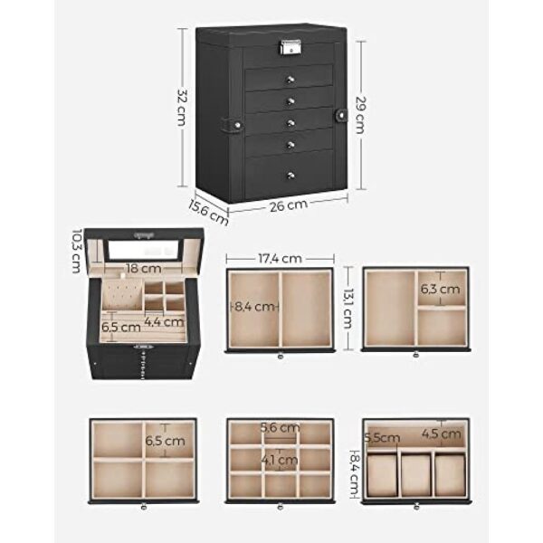 Papuošalų dėžutė su 5 stalčiais, veidrodžiu ir užraktu, 6 aukštų, 26x15x32 cm