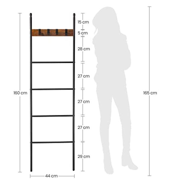 Pramoninio stiliaus rankšluosčių kopėčių formos lentyna su 5 aukštais, 4 kabliukais, 44x160 cm