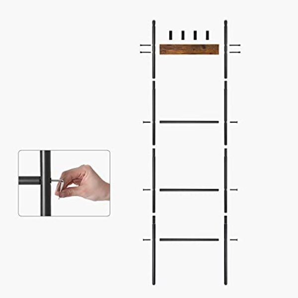 Pramoninio stiliaus rankšluosčių kopėčių formos lentyna su 5 aukštais, 4 kabliukais, 44x160 cm