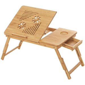 Sulankstomas bambukinis nešiojamojo kompiuterio stalas su 5 pakreipimo kampais, stalčiumi, 55x35x(21-29) cm