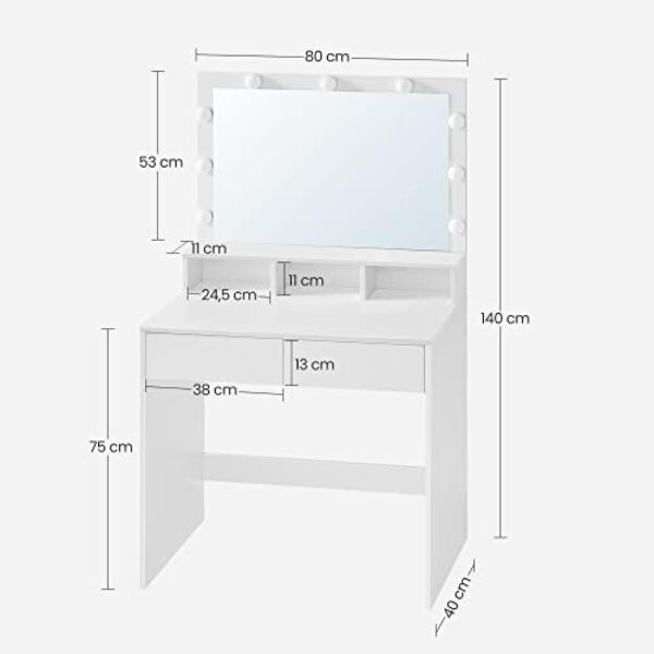 Tualetinis staliukas su 9 LED lemputėmis ir veidrodžiu, 2 stalčiai, 3 atviros lentynos, 80x40x140 cm