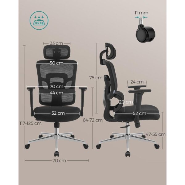 Ergonomiška biuro kėdė su reguliuojamu aukščiu ir 3D galvos atrama, 66.5x65x127.5cm