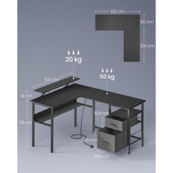 Kampinis rašomasis stalas su ekrano pakyla, 2 stalčiai, 2 USB jungtys, 150x120x89cm